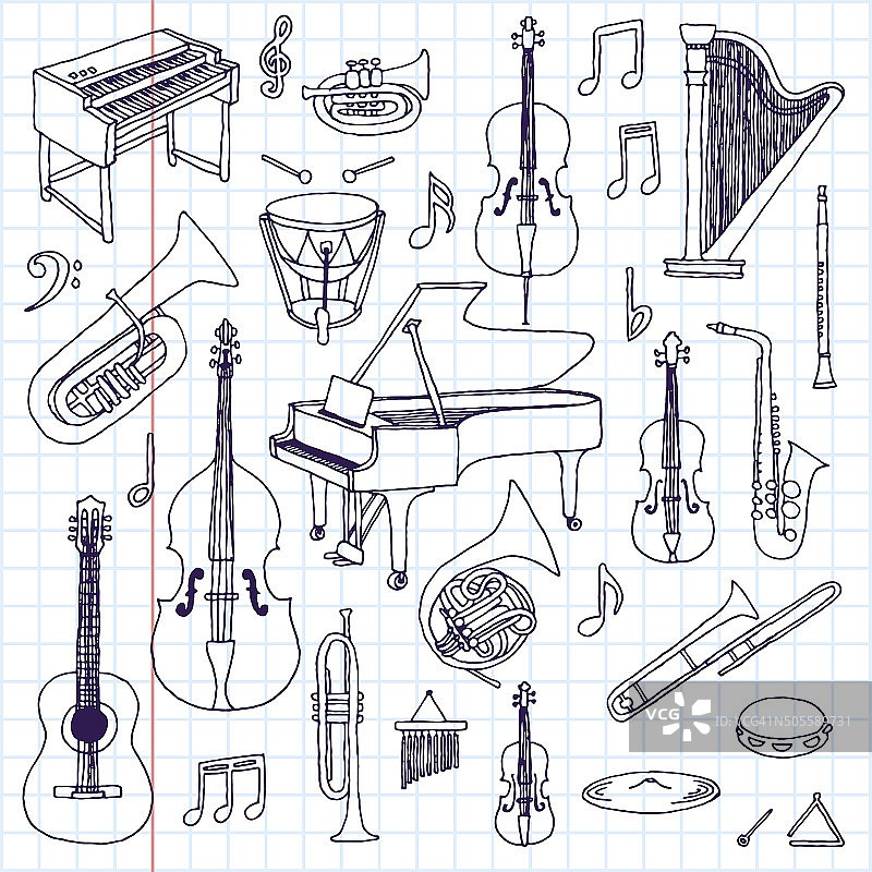 手绘涂鸦乐器。古典管弦乐队。矢量插图。图片素材