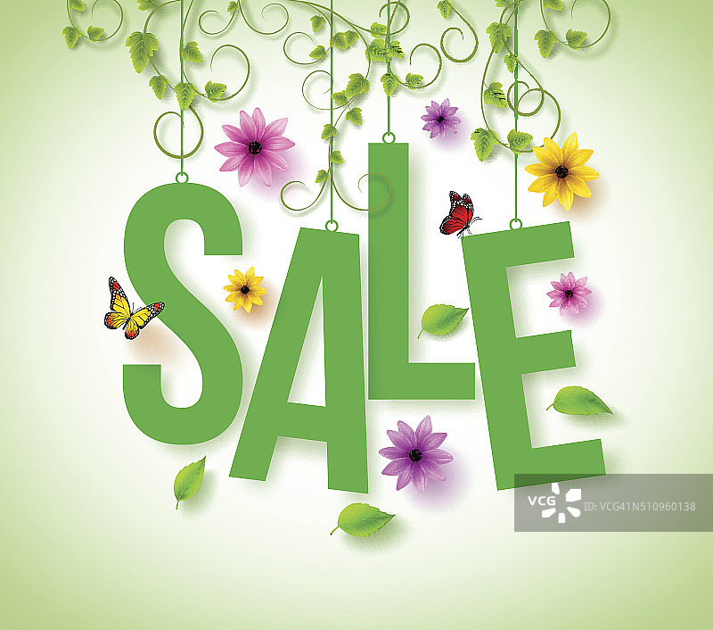 春季销售与Vector藤蔓，鲜花和飞舞的蝴蝶图片素材