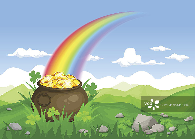圣帕特里克节爱尔兰风景与壶黄金。图片素材