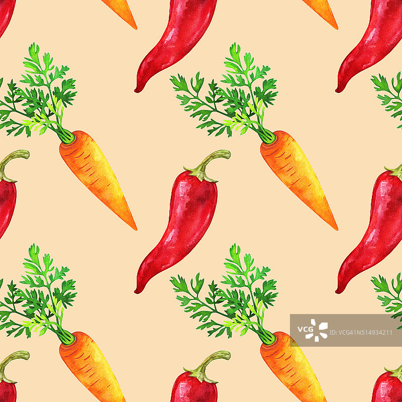 水彩无缝图案与红辣椒和胡萝卜图片素材