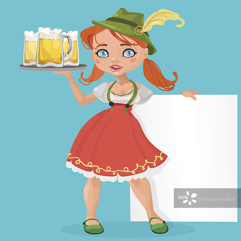 啤酒节红发女孩在传统服装与马克杯啤酒图片素材