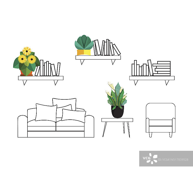 轮廓室内装饰与扁平的家植物花。图片素材