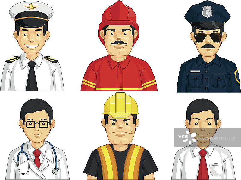 专业-建筑工人，医生，消防员，飞行员，警察，办公室工作人员图片素材