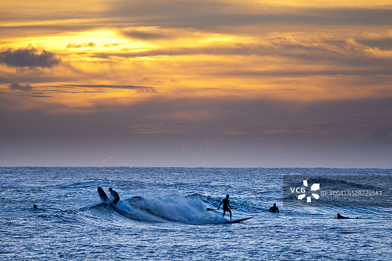 在考艾岛度假海滩上的日落冲浪和桨板冲浪图片素材