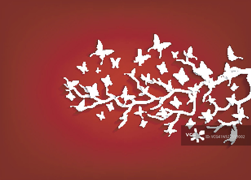 红色背景上的纸树和蝴蝶图片素材