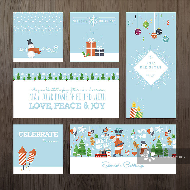 一套扁平设计圣诞及新年贺卡图片素材