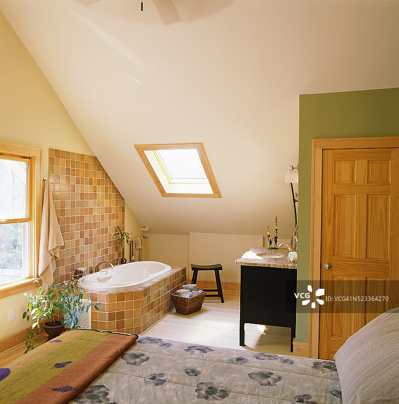 浴室和睡觉的空间在完成的阁楼图片素材
