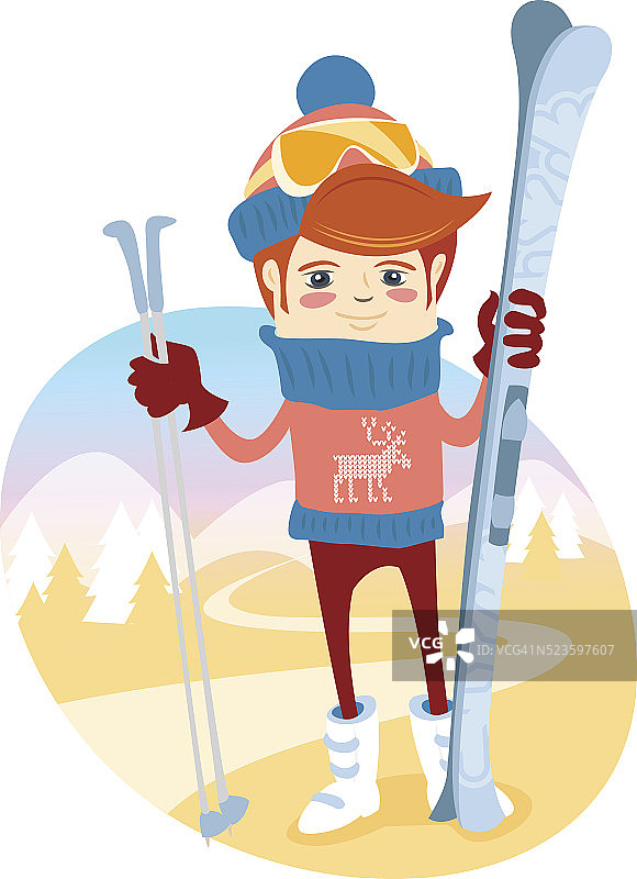 时髦的滑雪者在斜坡前用滑雪板和杆子。图片素材
