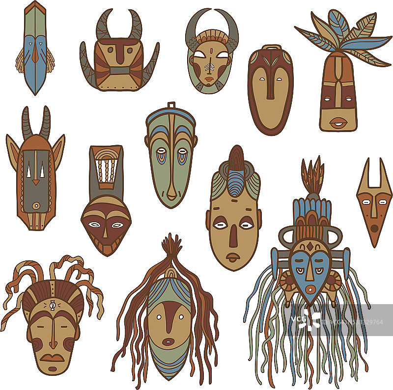 手绘非洲面具。向量集。图片素材