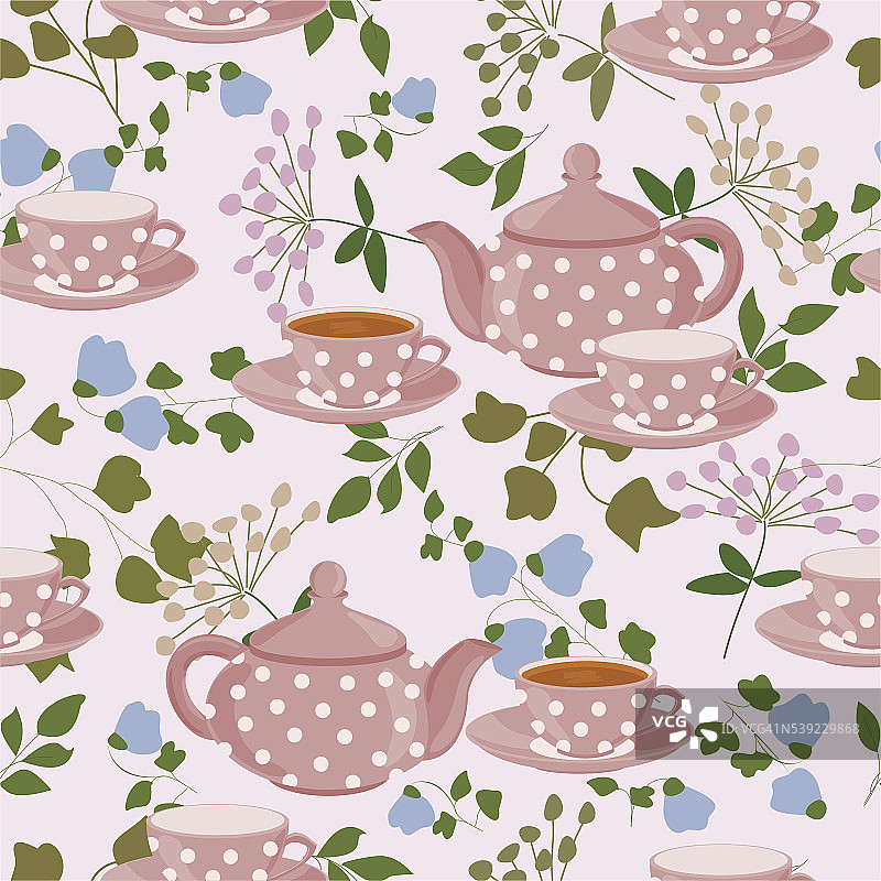 茶壶，茶杯，绿枝绿花。图片素材