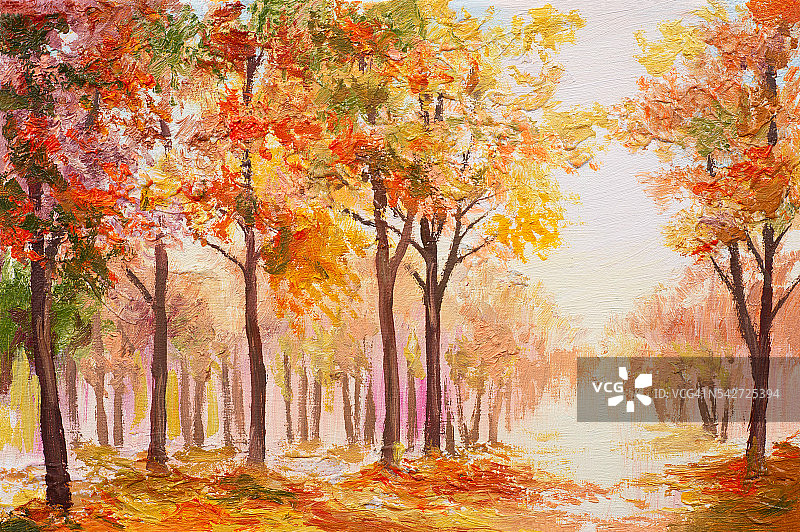 油画风景-五彩缤纷的秋林图片素材