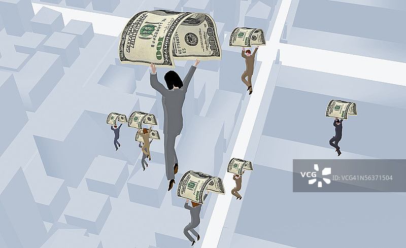 高角度的一组商人与持有美元钞票飞行图片素材