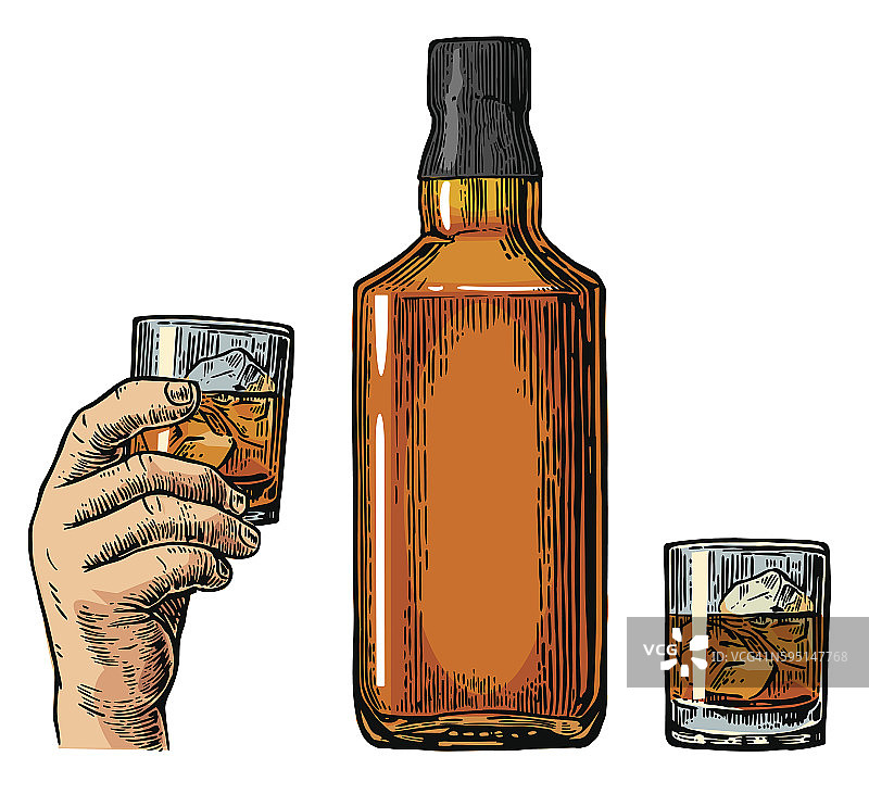 威士忌酒瓶和手握玻璃杯。图片素材