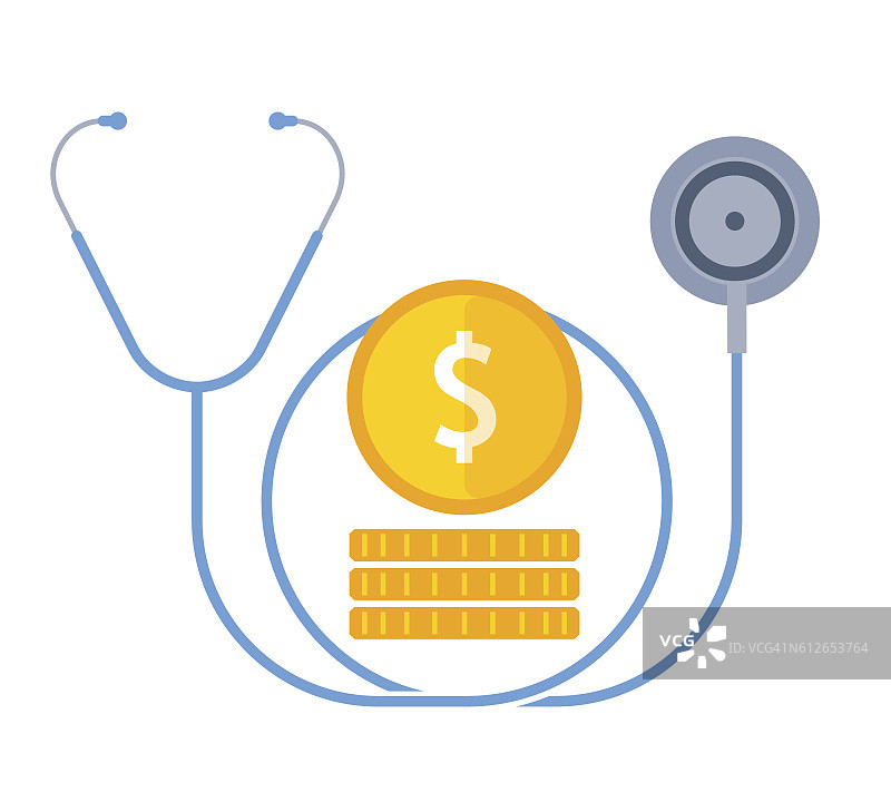 听诊器和钱。医疗费用、财务、保险概念扁平。图片素材