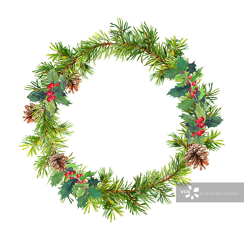 圣诞树花环-云杉枝，松果，槲寄生。水彩图片素材