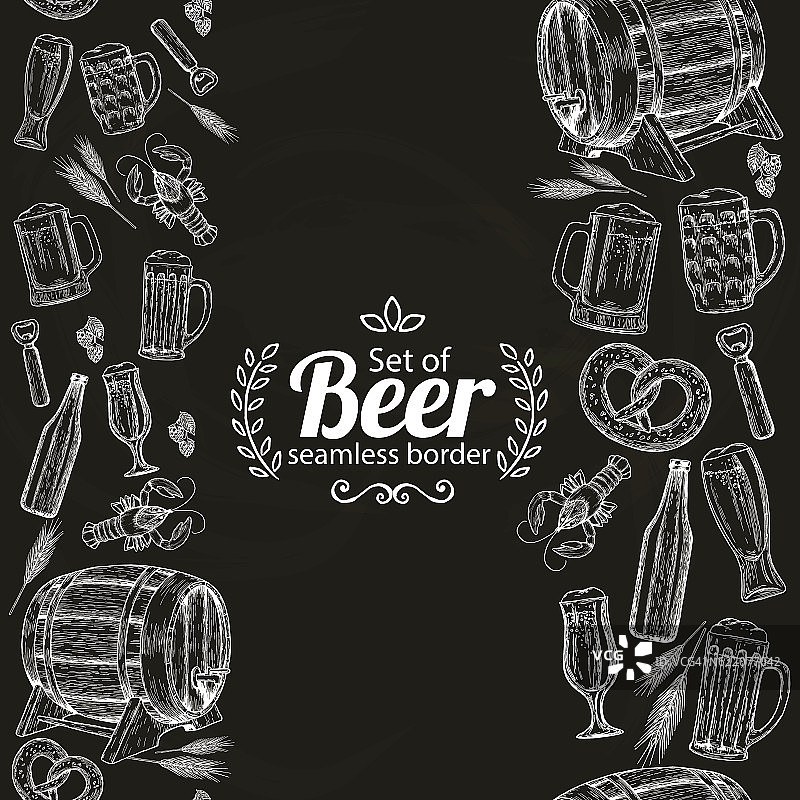 啤酒图标的垂直无缝边界上的黑色背景图片素材