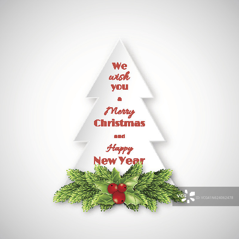 纸冷杉树与圣诞装饰冷杉树枝和冬青。图片素材