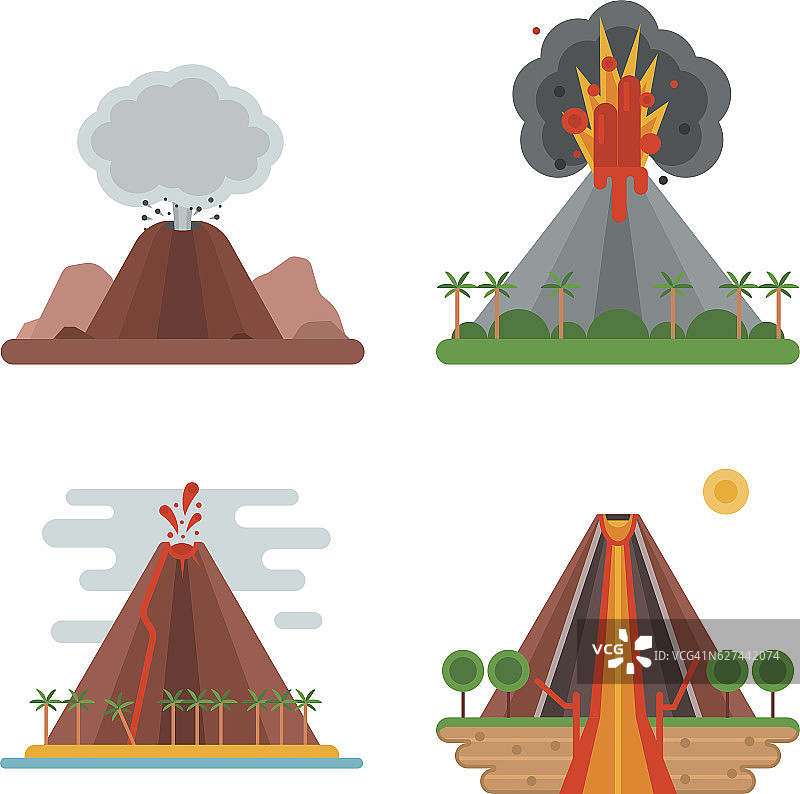 火山设置矢量插图。图片素材
