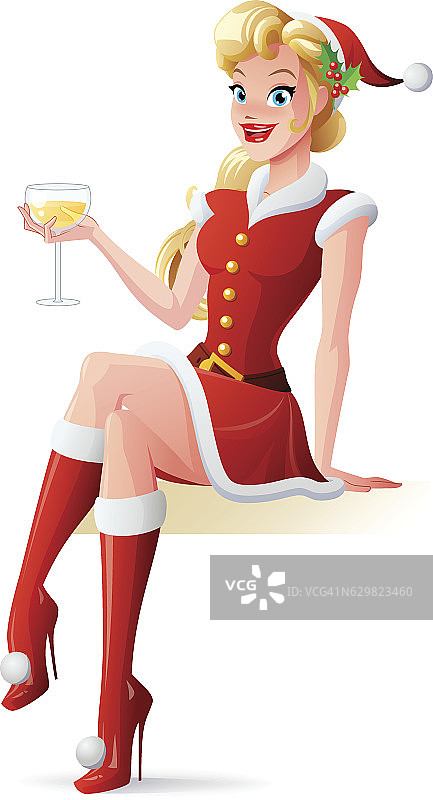 穿着圣诞老人服装的美女用香槟敬酒。图片素材