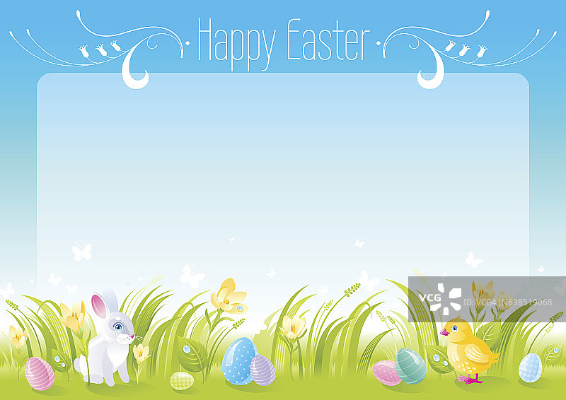 复活节横幅边界。兔子,鸡,鸡蛋。春天的大自然。矢量图图片素材