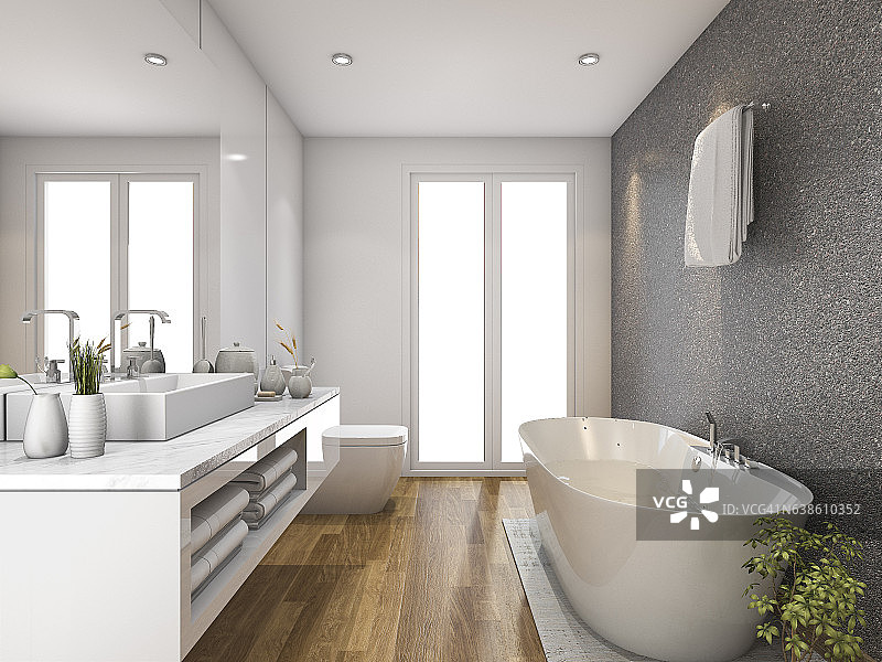 3d渲染木材浴室和卫生间与日光从窗户图片素材