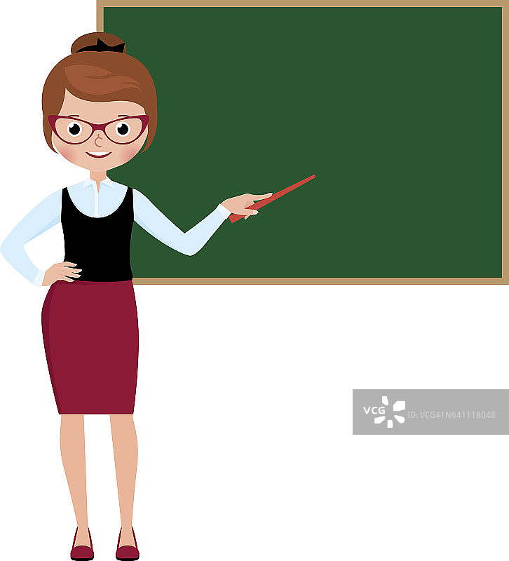 女教师站在学校黑板前，手持教鞭图片素材