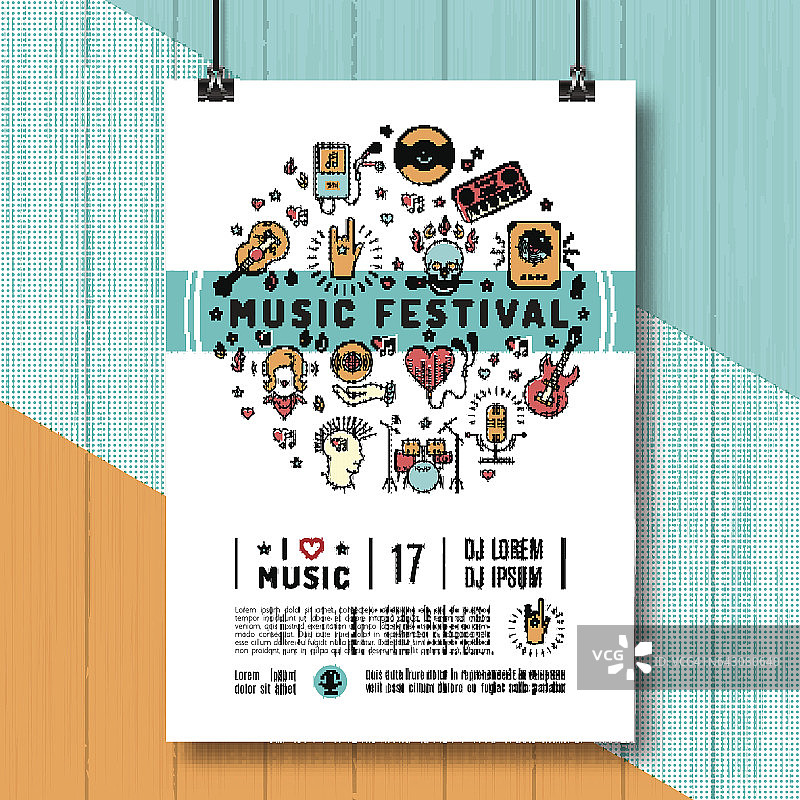 音乐节海报模板A4大小，线条艺术图标图片素材