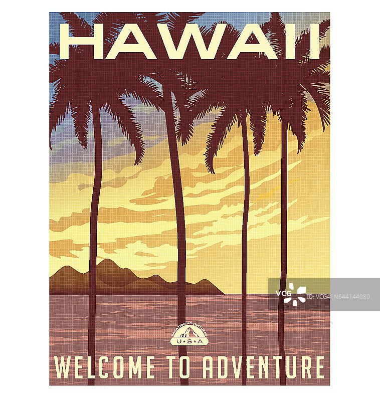 复古风格的旅行海报或贴纸。美国，夏威夷日落和棕榈树。图片素材