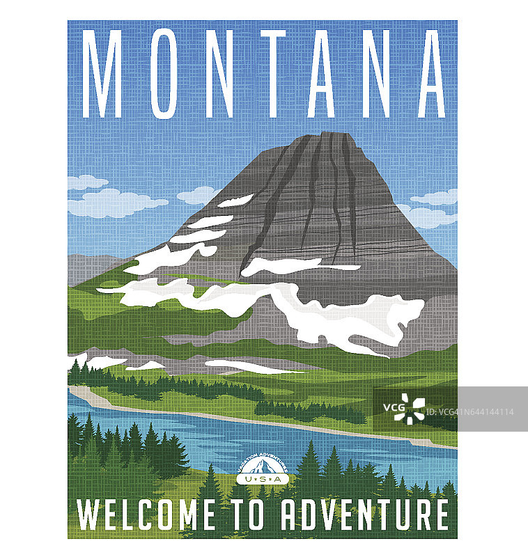 蒙大拿旅游海报或贴纸。矢量图雪山，河流和森林。图片素材