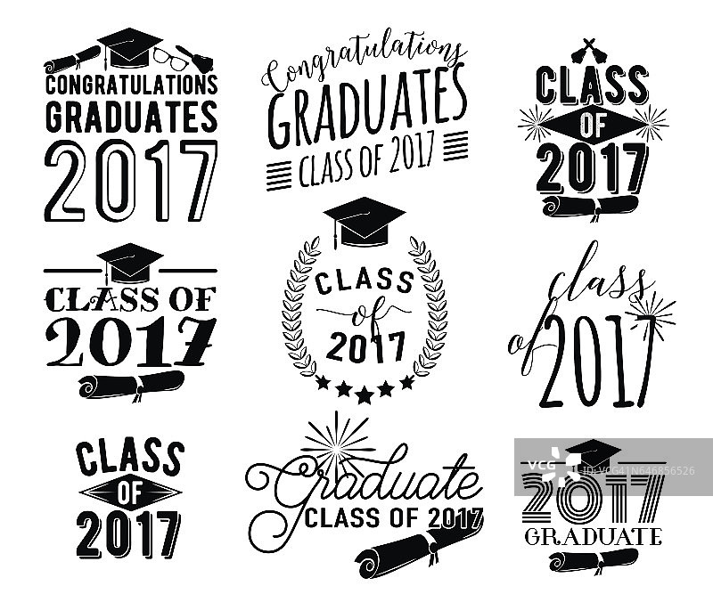 毕业愿望覆盖标签集。2017届黑白毕业生徽章图片素材