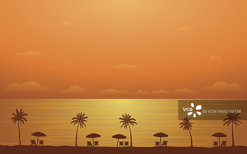 夕阳下的棕榈树和沙滩伞图片素材
