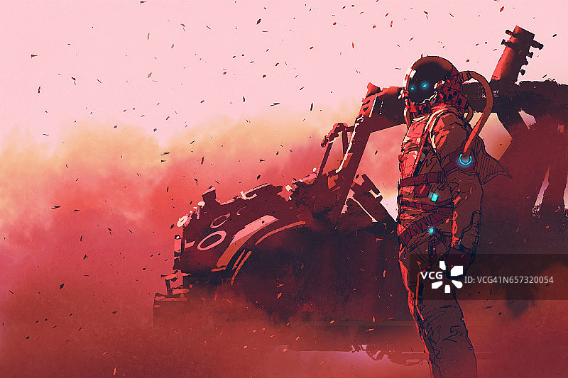 红色宇航员站在火星上未来的车辆附近，插图画图片素材