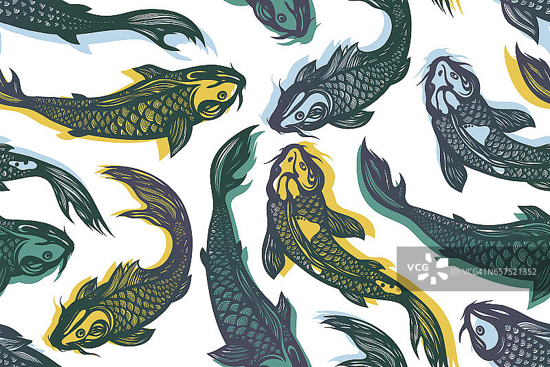 无缝图案与锦鲤鱼。池塘。背景在中国风格。手绘。矢量插图。图片素材