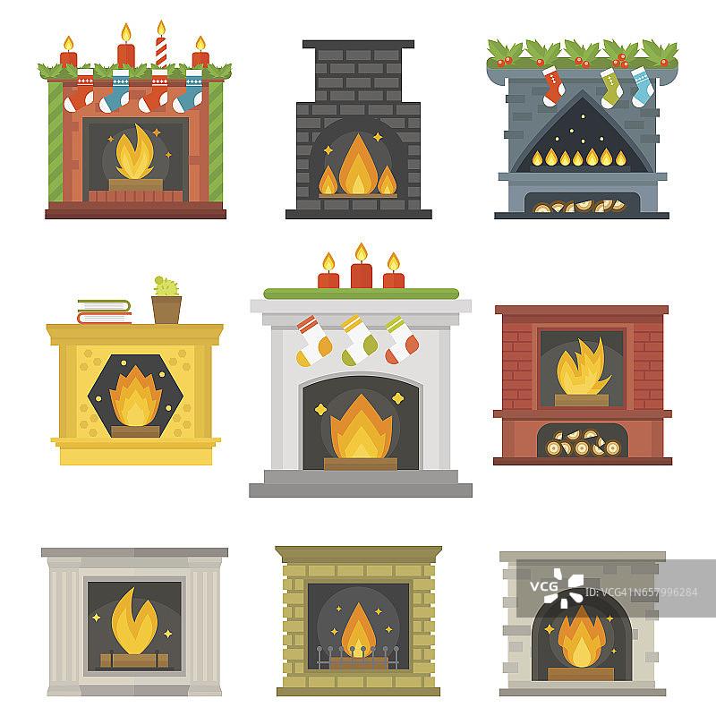 平面风格的壁炉图标设计房子房间温暖的圣诞火焰明亮的装饰煤炉和舒适的温暖能源室内矢量插图图片素材