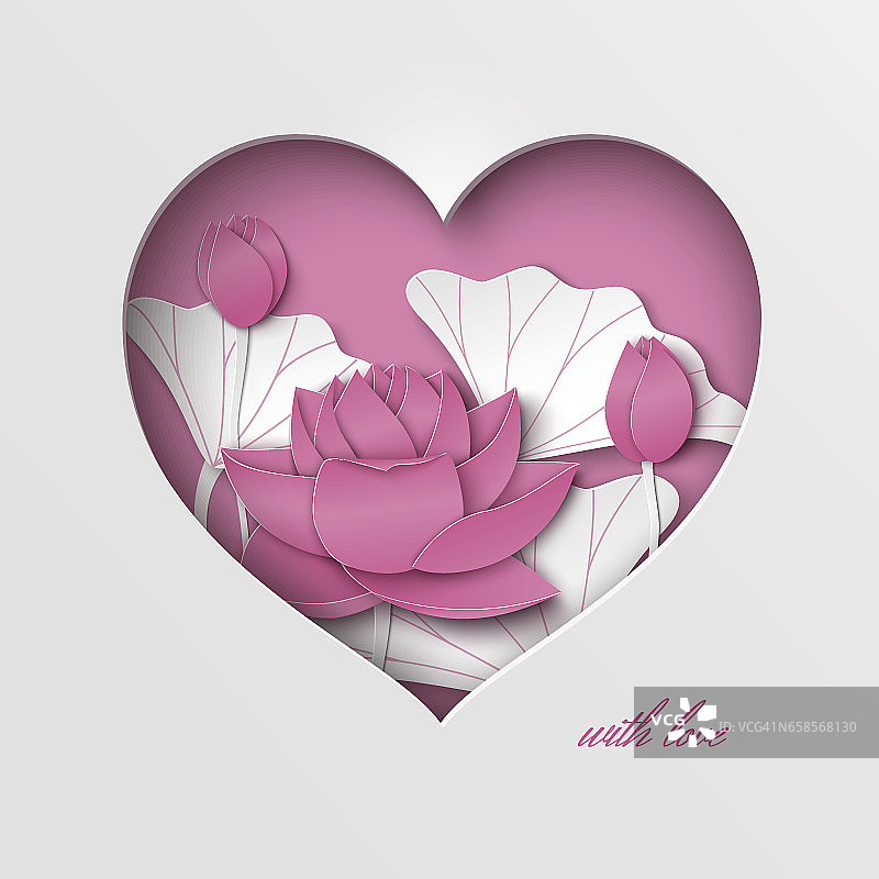 贺卡与切心和花卉背景与荷花在粉红色的背景图片素材