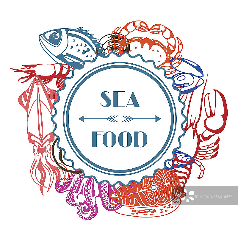 背景有各种海鲜。鱼，贝类和甲壳类的插图图片素材