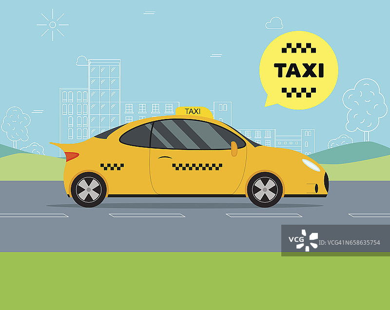 出租车服务移动的汽车在一个景观背景。向量图片素材