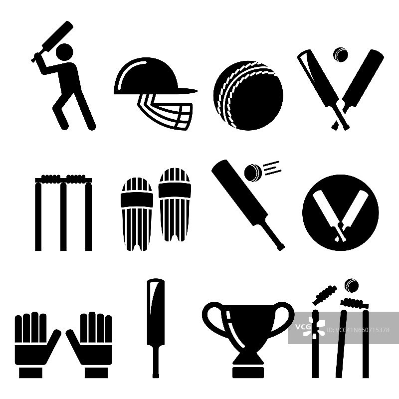 板球拍，男子打板球，板球设备-运动图标集图片素材