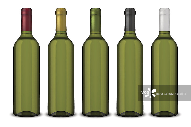 设置5个真实的矢量绿色葡萄酒瓶没有标签孤立的白色背景。EPS10中的设计模板图片素材