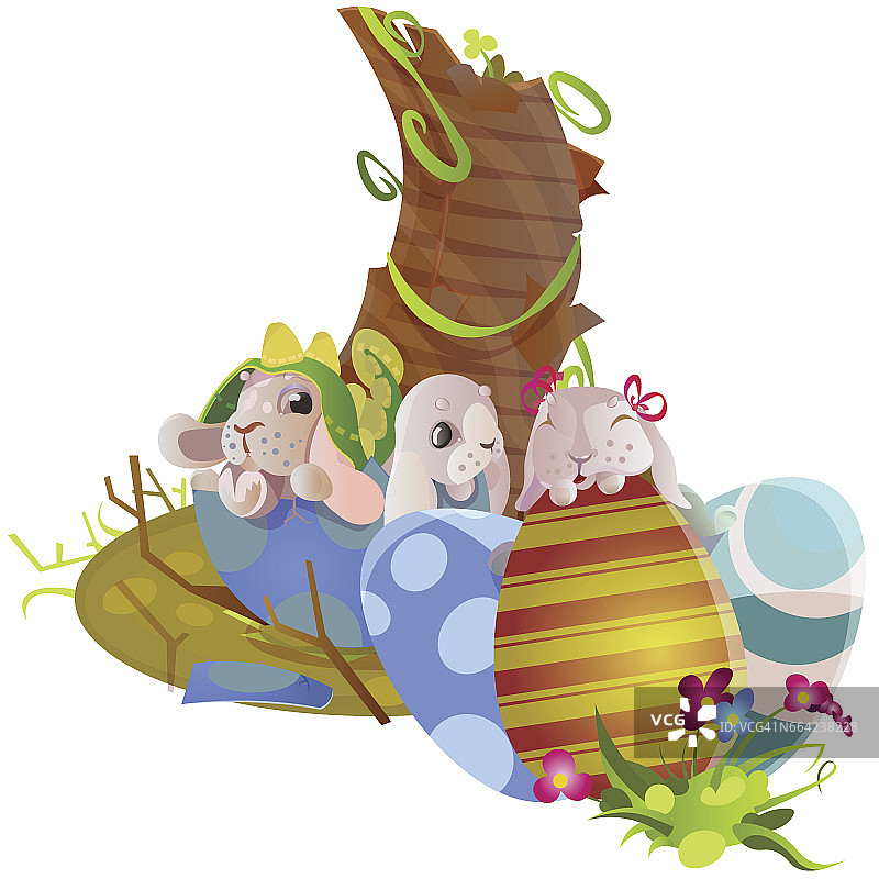 复活节巧克力蛋狩猎兔子篮子上的绿草装饰鲜花，兔子有趣的耳朵，快乐春节传统贺卡或横幅收集矢量插图背景1图片素材