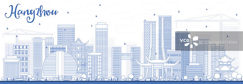 用蓝色的建筑勾勒杭州的天际线。图片素材