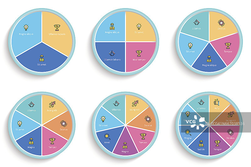 业务信息图。饼图有3、4、5、6、7、8步，分段。图片素材