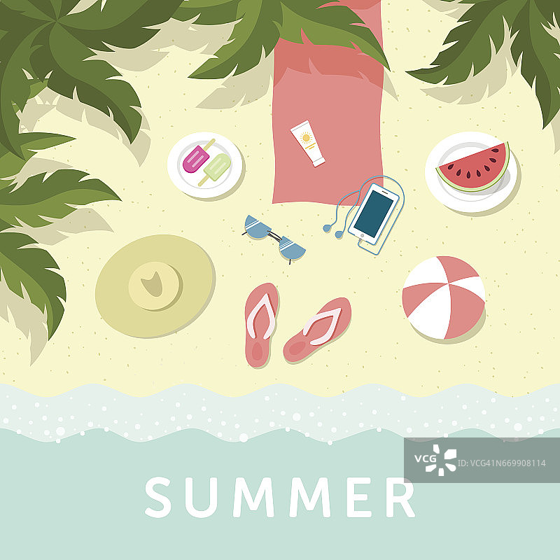 暑假海报与棕榈树和海岸的顶视图，海滩配件和夏季食物。图片素材