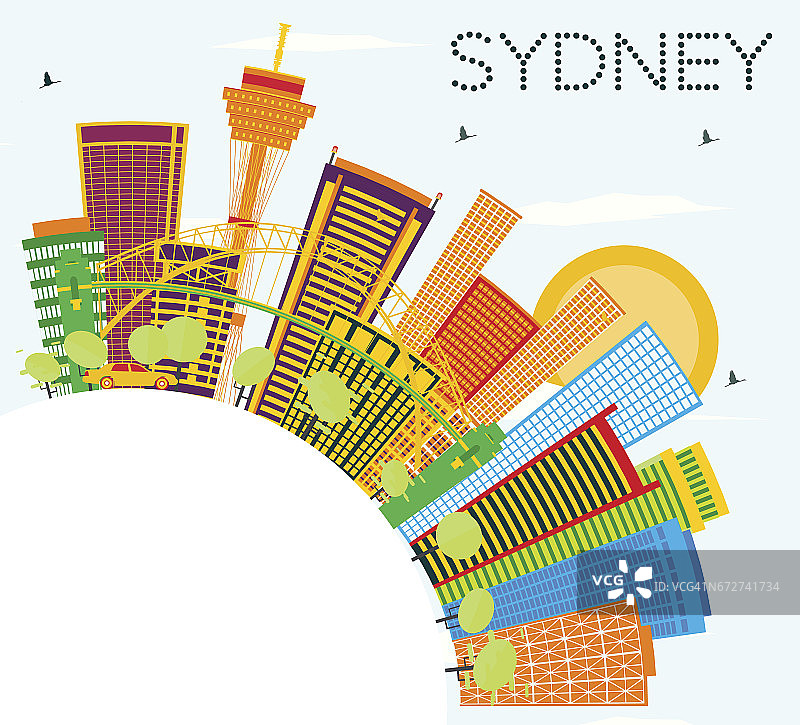 悉尼天际线与彩色建筑，蓝天和复制空间。图片素材