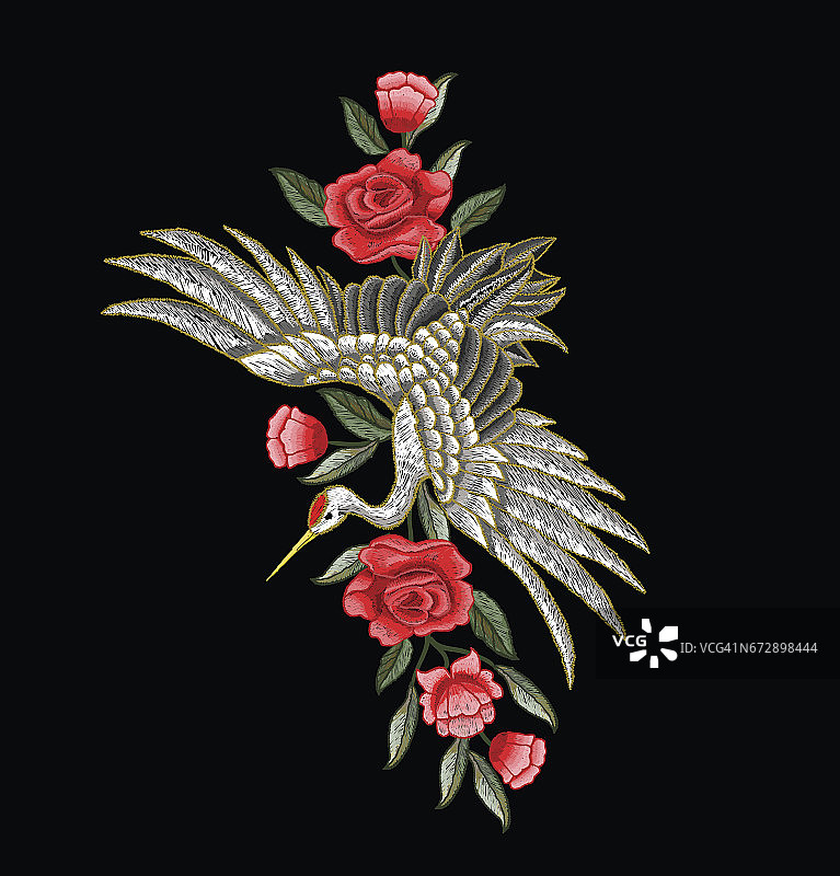 日本白鹤和花。刺绣向量。图片素材