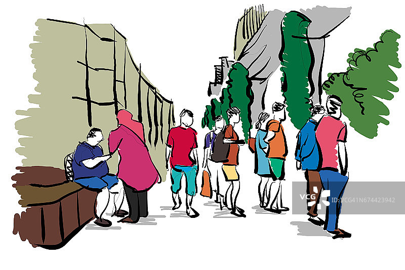 人们在城市旅游手绘卡通素描图片素材