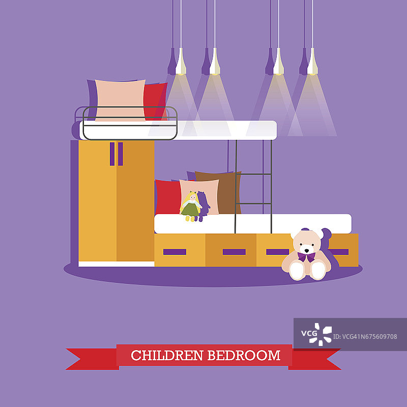 儿童卧室内部在平坦的风格。矢量插图。房间设计元素和图标图片素材