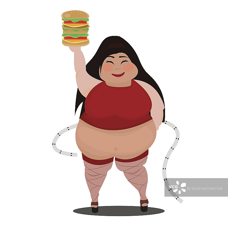 卡通胖女人拿着一个大汉堡图片素材