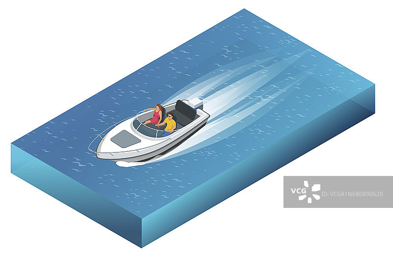 一艘豪华的汽艇载着男女在美丽的蓝色水域中航行。平面三维矢量等角插图图片素材