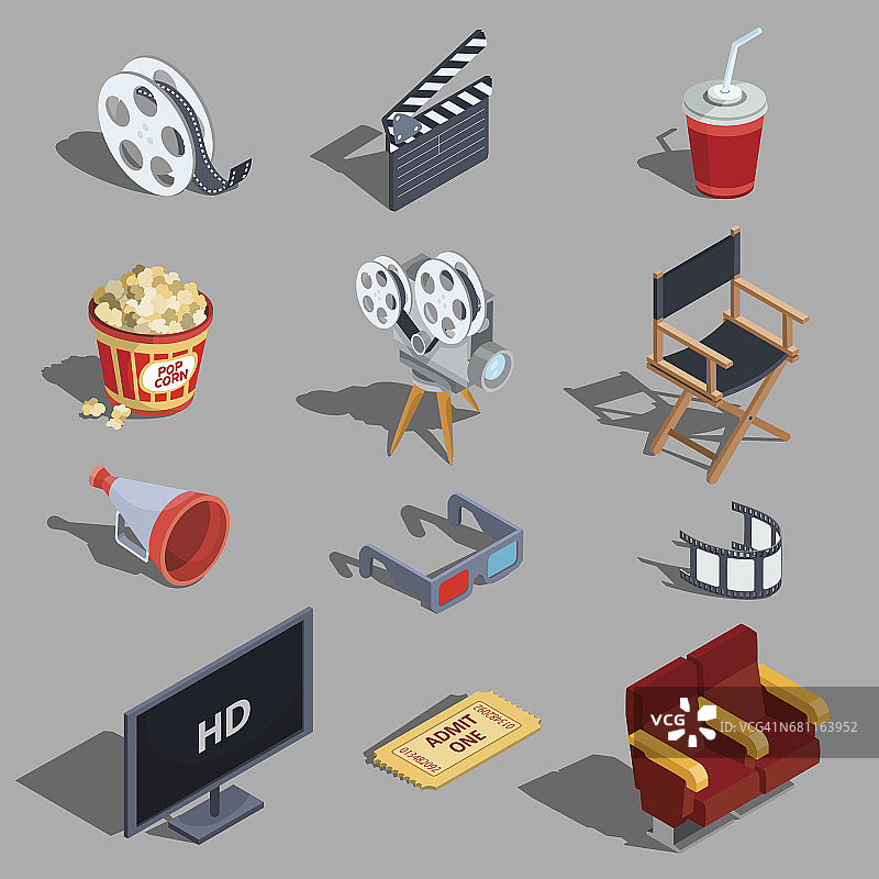 矢量集的等距插图制作电影和看电影在电影院。图片素材